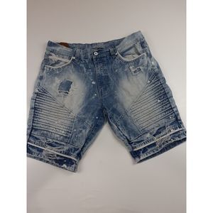 WT02 STACKED FACTORY DISTRESSED JEAN SHORTS SZ 36
